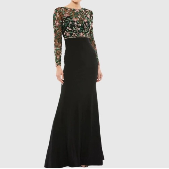 MAC DUGGAL Black Multicolor Beaded Illusion High Neck...